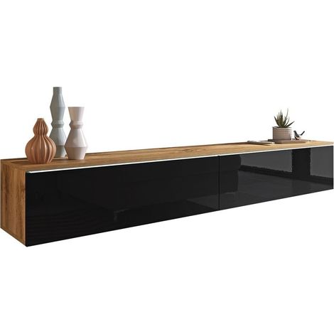 Mobilier1 – Meuble TV Sarasota 121 – Chêne wotan et noir brillant – 2 portes – Dimensions 180x30x33 cm – Design moderne pour petits espaces (1/5)