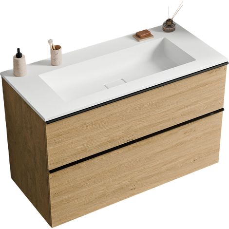 Unterschrank Bernstein LAVOA 80 cm mit Mineralguss Waschbecken BRUXELLES - Griff Schwarz matt, Badmöbelfarbe Eiche Honiggold, Waschbecken Weiß matt ohne Hahnloch