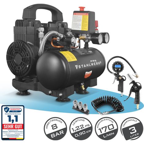 STAHLWERK Kompressor mit 3 L Tank (ST-38 BL) Vollausstattung – ölfrei & leise, 8 bar Druckluftkompressor mit Brushless-Motoren, 1,22 PS, 0,9 kW, 170 l/min, Flüsterkompressor