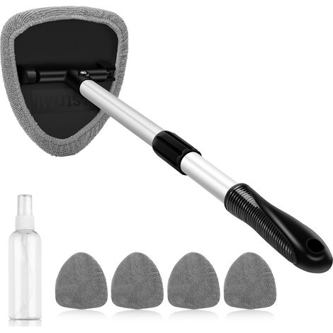 Outil de nettoyage de pare-brise, kit de nettoyage en profondeur pour intérieurs de voiture, avec poignée rétractable et 4 lingettes de nettoyage en microfibre réutilisables, gris-FF-