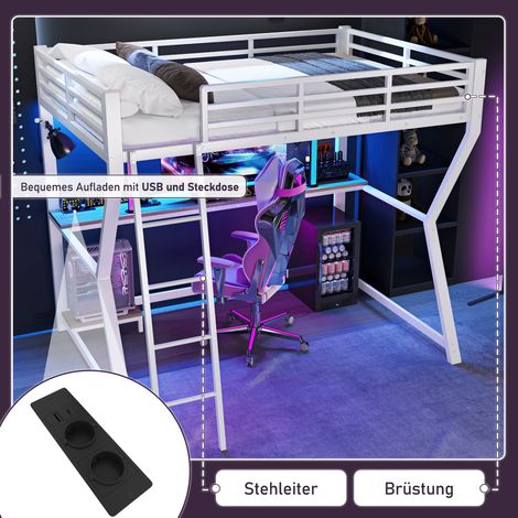 lit mezzanine,90200 cm,avec lumières LED,étagère console,bureau,prise + USB,rampe,escaliers,sans matelas,blanc