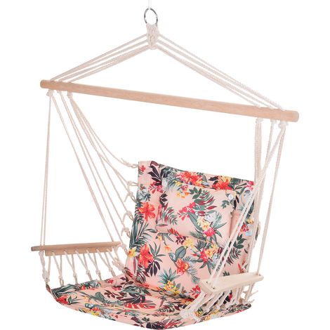 Outsunny – Hammock chair swing with cushion – Thick nautical-grade rope – 100kg weight capacity – Removable pillow for comfort – Multicoloured floral design (1/5)