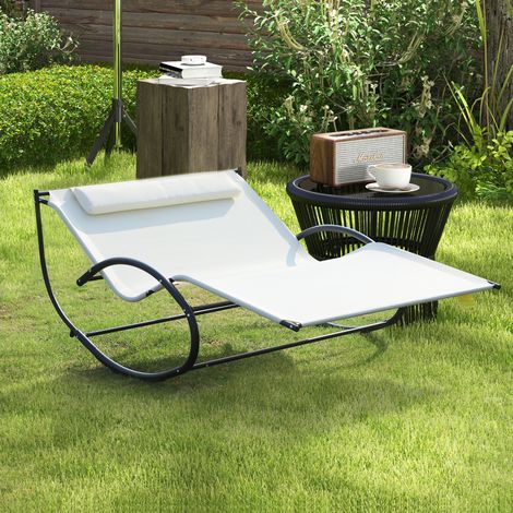 Transat 2 places, chaise longue de jardin à bascule en métal et textilène, 140 x 200 x 36-88 cm, blanc crème