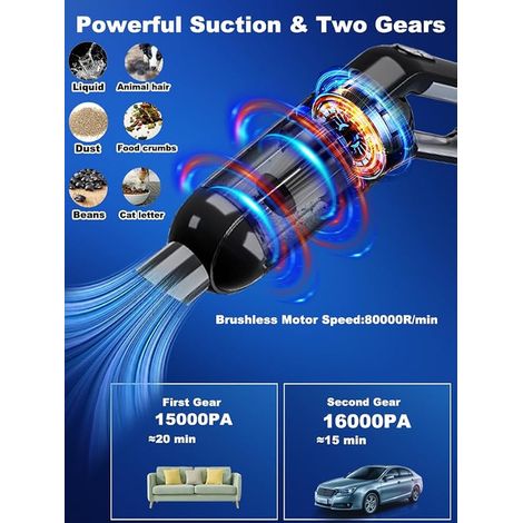 Aspirateur sans Fil, aspirateur de Voiture et Maison, 15000-18000PA, avec Accessoires Voiture (Noir) (1/4)