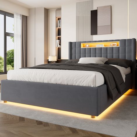 Lit Coffre 140 x 200 cm,Lit Adulte avec éclairage LED et Port USB,Sommier à Lattes Inclus - Velous Gris (1/5)