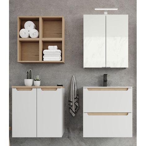 Badezimmermöbel Set Hochglanz weiß mit Trüffel-Buche SOFIA-107 Keramik-Waschtisch & Spiegelschrank, B/H/T ca. 150/200/46 cm (1/5)