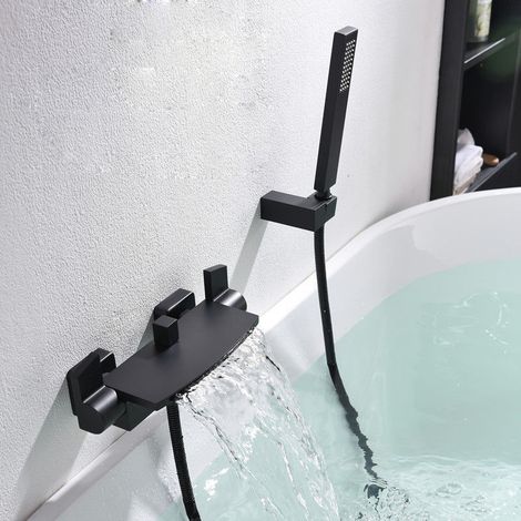 Miscelatore per vasca da bagno a cascata montato a parete Rubinetto per vasca da bagno Soffione doccia a cascata montato a parete Rubinetto per vasca da bagno caldo e freddo (nero) (1/4)