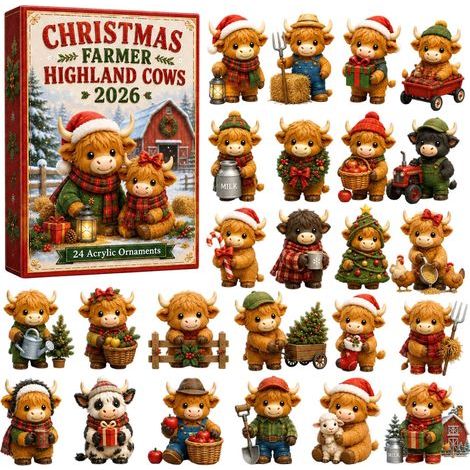 Weihnachtsüberraschungsbox, Adventskalender mit Hochlandrindern, Acryl-Weihnachtsbaumschmuck im Bauernhof-Stil, Weihnachtskalender (1/5)
