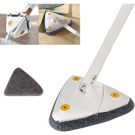 Adjustable, extendable, automatic 360° rotating triangular cleaning mop with reusable pads for cleaning floors, windows and walls (white, 1 pad) (1/5)