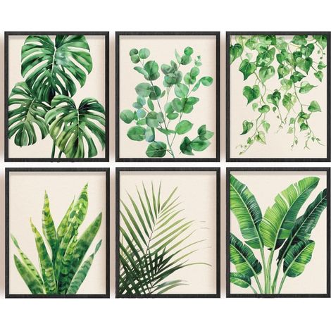 Lot de 6 impressions d'art de plantes botaniques - Sans cadre - Impression sur toile - Feuilles vertes - Art mural - Style bohème - Feuille d'eucalyptus - Pour salon, chambre à coucher (1/5)