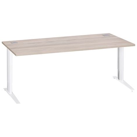 Bureau droit chêne gris L 180 cm réglable en hauteur piètement métal blanc Essens - Maxiburo