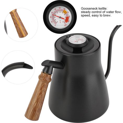 Bouilloire à café filtre en acier inoxydable 304 avec poignée en bois, bec verseur en téflon épais et ouverture étroite (Produit d'échantillon) (1/4)