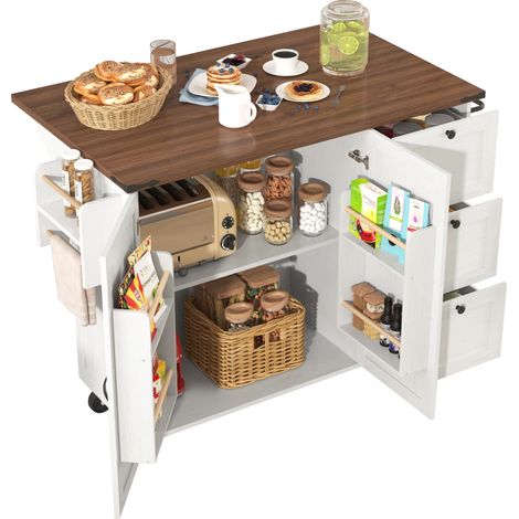 Desserte de Cuisine,Îlot Central Cuisine,Buffet de cuisine Avec Plan de Travail,3 tiroirs & Porte & Porte-serviettes,140×45 (73)×92.5cm,Blanc