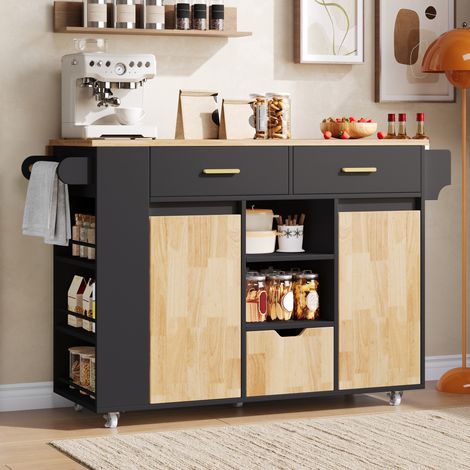 Îlot de cuisine mobile avec plateau rabattable, 3 tiroirs, rangements et étagère à épices, roulettes avec frein, MDF noir et bois clair, 120 x 45(71) x 90 cm – CHICFURN (1/5)