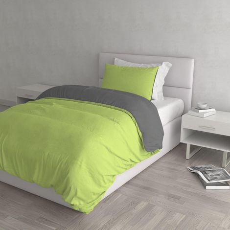 housse de couette double-face couleur unie avec taies d'oreiller, 100 % Coton, Vert Acide/Gris foncé, Small (1/5)