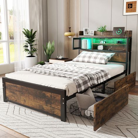 Metal bed, 3FT single bed 90x190cm, With LED light strip and 2 drawers, 3 charge port, Durable and Sturdy, Youth bed, Storage bed for adults & teenagers,Multifunctional bed,Iron bed, Black+wood color