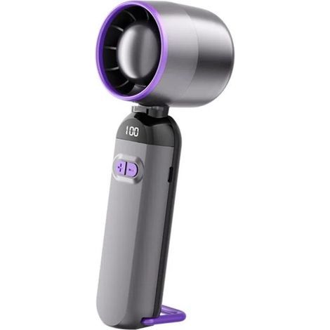 Ventilateur portable avec 100 vitesses, rechargeable via USB-C, silencieux et robuste, idéal pour voyages, usage extérieur, maison et bureau — gris et violet (1/5)