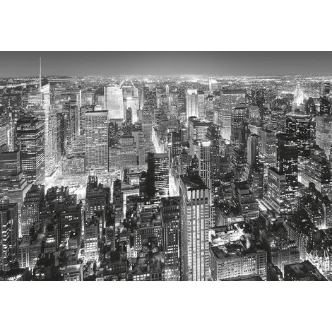Papier peint panoramique noir et blanc New York | Tapisserie panoramique urbain gratte-ciel | Papier peint panoramique chambre ado paysage aérien - 366 x 254 cm (8 pièces) (1/2)