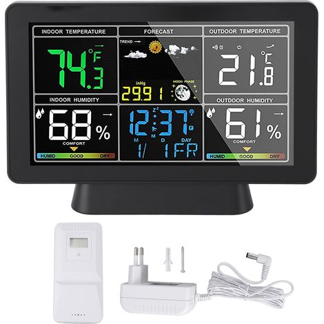 Horloge météo intelligente avec écran couleur 7,5 pouces, affichage de la température et de l'humidité, alarme, station météo sans fil pour intérieur et extérieur, prise US. (1/5)