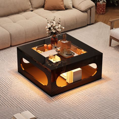 Table basse LED carrée 70 x 70 x 35 cm avec plateau en verre trempé, MDF noir HAVRYA (1/5)