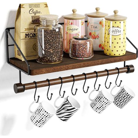 Étagère murale cuisine bois et métal noir avec 8 crochets et porte-serviettes, style rustique, marron foncé (1/5)