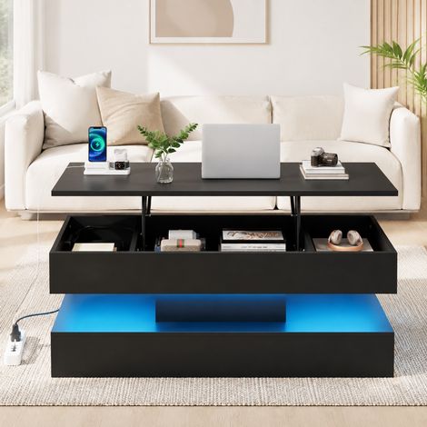 Mesa de centro elevable 100x50x42 cm de paneles de madera negra con almacenaje FloraGrace (1/5)