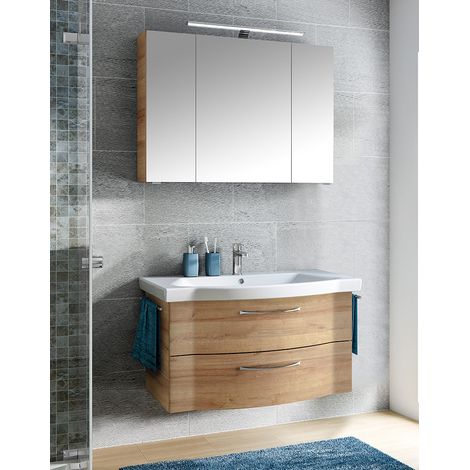 Badmöbel Set, Waschtisch und Spiegelschrank mit Aufsatzleuchte, in Riviera Eiche quer Nb. SOLINGEN-66, B/H/T ca. 98/200/51,5 cm (1/5)