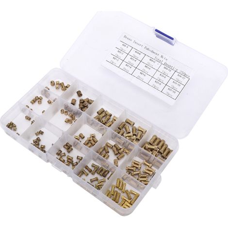 Écrous à sertir en laiton M2 M3 M4, lot de 250 pièces, inserts filetés 3-12 mm, douilles cannelées pour fixation bois, assortiment de tailles 3MM 4MM 6MM 8MM 10MM 12MM. (1/5)
