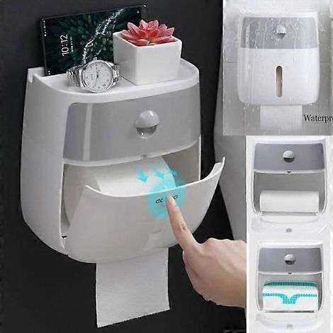 Wasserdichter Toilettenpapierhalter, Wandhalterung mit zwei Ablagen, selbstklebender Spender fürs Badezimmer (1/4)