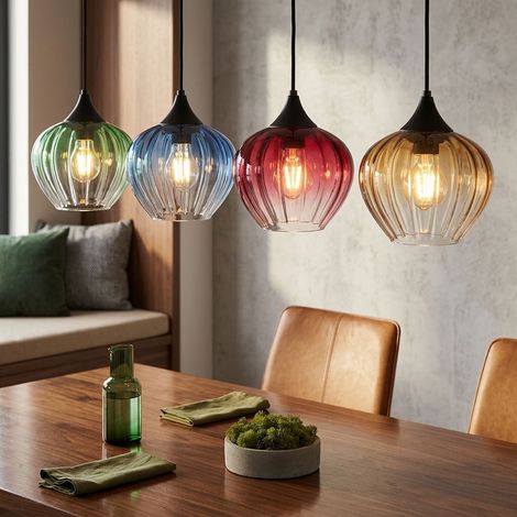 LED Hängeleuchte Pendellampe Esszimmerlampe Schwarz Metall bunte Gläser H 120 cm (1/5)