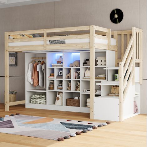lit enfant mezzanine rangement 90x200 bois blanc OKMYHOME