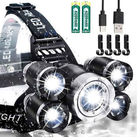 Lampe frontale rechargeable par USB 12 000 lumens ultra lumineuse LED 4 modes étanche pour adultes, camping, extérieur et casque de sécurité - Lampe frontale zoomable (rouge) (1/5)