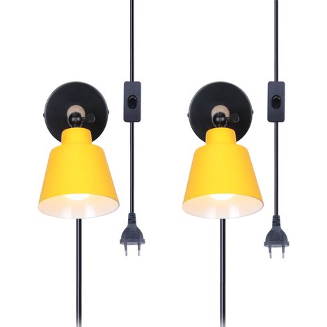2 Stücke Moderne Wandleuchten Holz Metall Wandlampe Verstellbarer Wandbeleuchtun mit Stecker und Schalter Gelb Ø12cm
