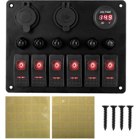Panneau universel pour voiture et camping-car à 6 interrupteurs, voltmètre à bascule 12/24 V, chargeur USB, testeur de disjoncteur, interrupteur à bascule lumineux B (1/5)