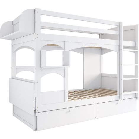 Litera infantil 90x200 blanca con escritorio abatible, estante y 2 cajones (1/5)