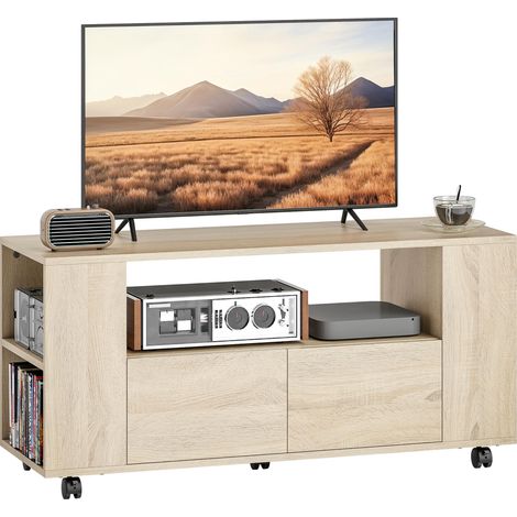 Meuble TV 42 pouces avec roulettes et freins, étagères et tiroirs réglables, dimensions : 102 x 34,5 x 48,5 cm, en bois. (1/5)