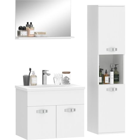 Ensemble de Meubles de Salle de Bain 4 Pièces, Mural, avec Miroir, Meuble sous Vasque, Lavabo et Armoire Haute, Blanc (1/5)