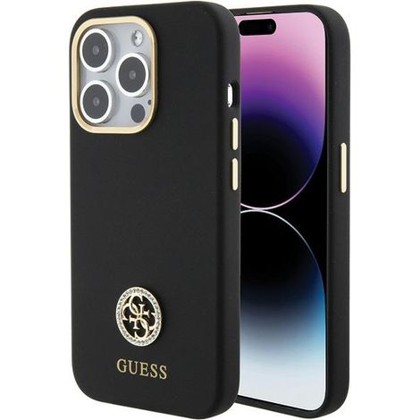 Funda rígida Guess GUHCP15LM4DGPK para iPhone 15 Pro de 6,1 pulgadas, color negro/negro, con logo de silicona y detalles de strass, compatible con 4G. (1/5)