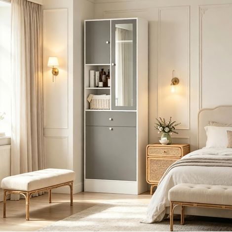 Colonne de salle de bains miroir, panier à linge et étagère réglable blanc et gris OKMYHOME (1/5)