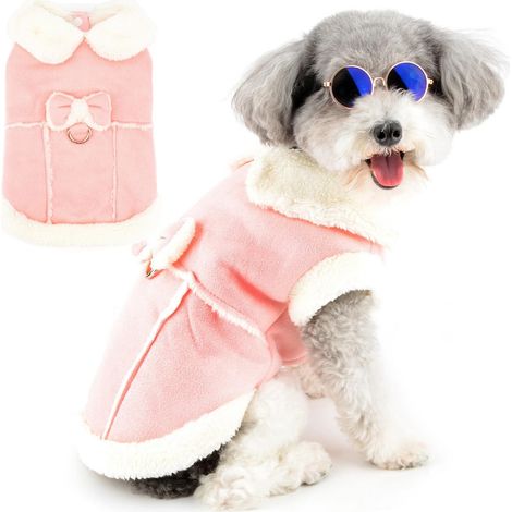 Manteau d'hiver en polaire rose pour petit chien et chat Veste chaude de luxe avec nœud papillon et anneau en D pour laisse Vêtement confortable pour chiot (1/5)