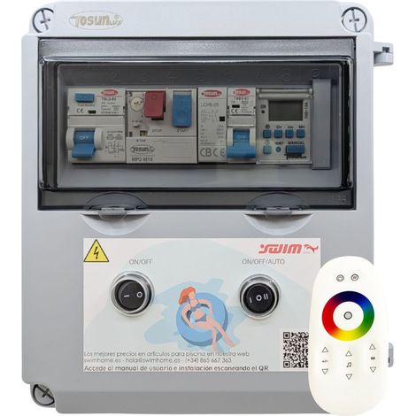 Cuadro de Maniobra con Transformador 60W -12V/DC -Reloj Automático para Bomba y Contactor para Motor + Control WiFi para iluminación
Potencia: 0,5 CV