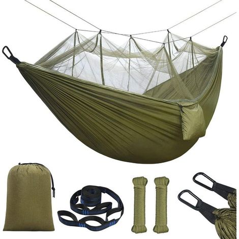 Hamac avec Moustiquaire, 275x140cm Double Hamac Ultra-léger de Voyage Camping, Nylon de Parachute, Charge 300 kg avec Sac de Transport, Sangles et Mousquetons pour, Balcon, Jardin, Plage-Fei Yu (1/4)