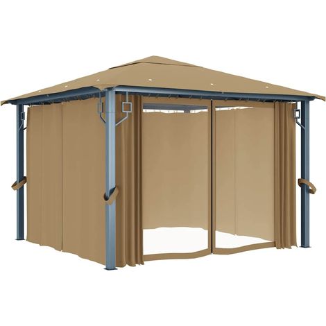 vidaXL Cenador con cortina gris taupe aluminio 300x300 cm (1/2)