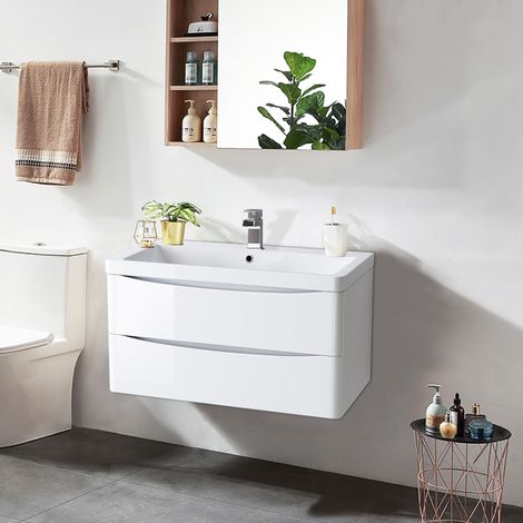 2 Drawer Wall Hung Bathroom Cabinet Vanity Sink Unit with Basin 800mm Gloss White (1/5)