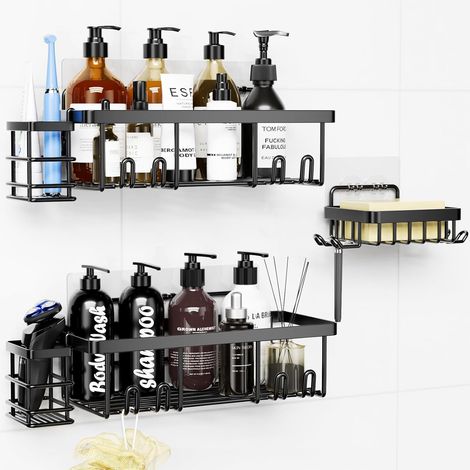 Etagere Douche Sans Percage, Etagere Salle de Bain Accessoire Étagère Douche Sans Perçage Acier Inoxydable 304, 5 Pièces Noir Etagere Rangement (1/4)