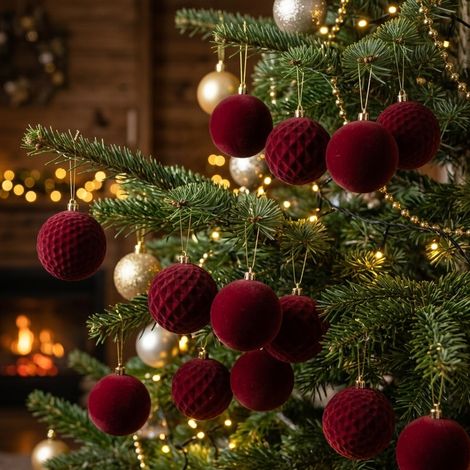 Set Palline di Natale Effetto Velluto, sfere Bordeaux da Ø 8-10 cm -12 palline da 8 cm (1/5)