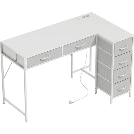 Scrivania Angolare 126x48x80 cm a 6 Cassetti con Gancio Laterale e Prese Integrate in Legno e Acciaio Bianco (1/5)