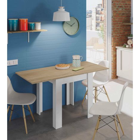 Dmora - Mesa extensible Dkuavit, Mesa de comedor plegable con apertura de libro,Mesa auxiliar plegable, 67x67/135h79 cm, Blanco y Roble (1/5)