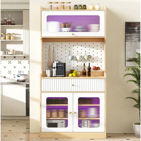 Credenza alta 80x40x180 cm naturale e bianco in MDF e pannelli truciolari con LED, vetro rigato e ripiani regolabili (1/5)