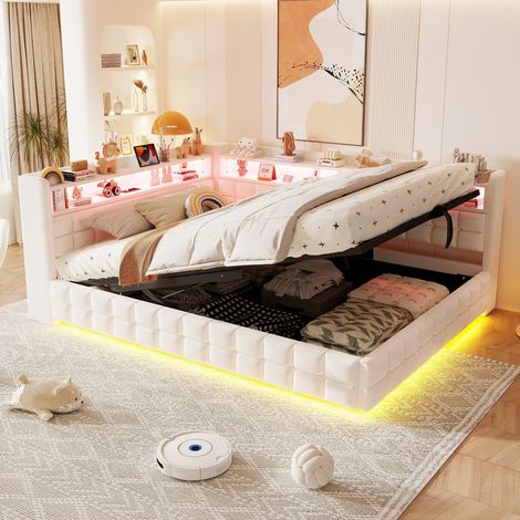 Lit-canapé capitonné multifonction 140x200cm, lit coffre hydraulique, avec LED et USB et Type-C, étagères, velours, beige (1/5)